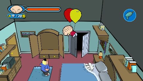Family Guy Video Game! (PSP) screenshot: Stewie Griffin can fly using balloons but no too far as they tend to burst.