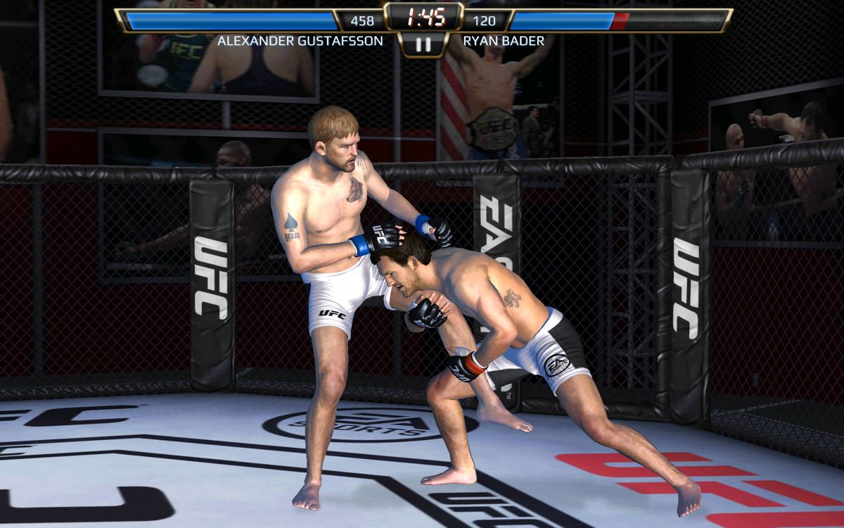 UFC (Android) screenshot: Bader grabs a leg and attempts to bring Gustafsson to the ground.