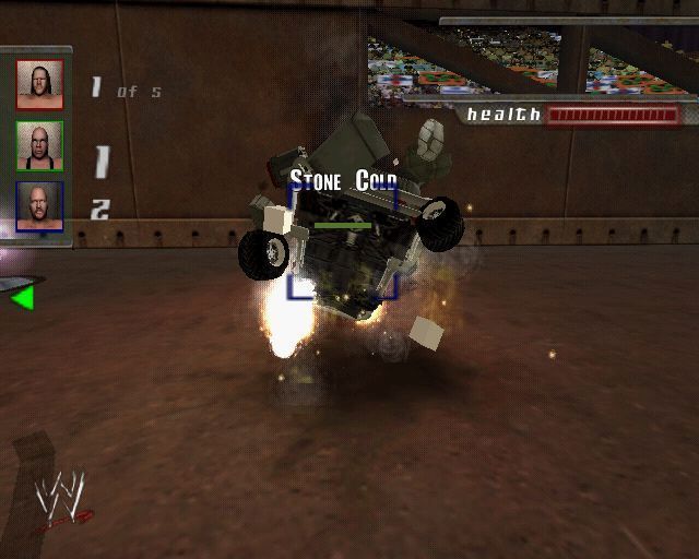 WWE Crush Hour (PlayStation 2) screenshot: Head to head with Stone Cold in the RAW arena. It was going well until another AI opponent came in from the side