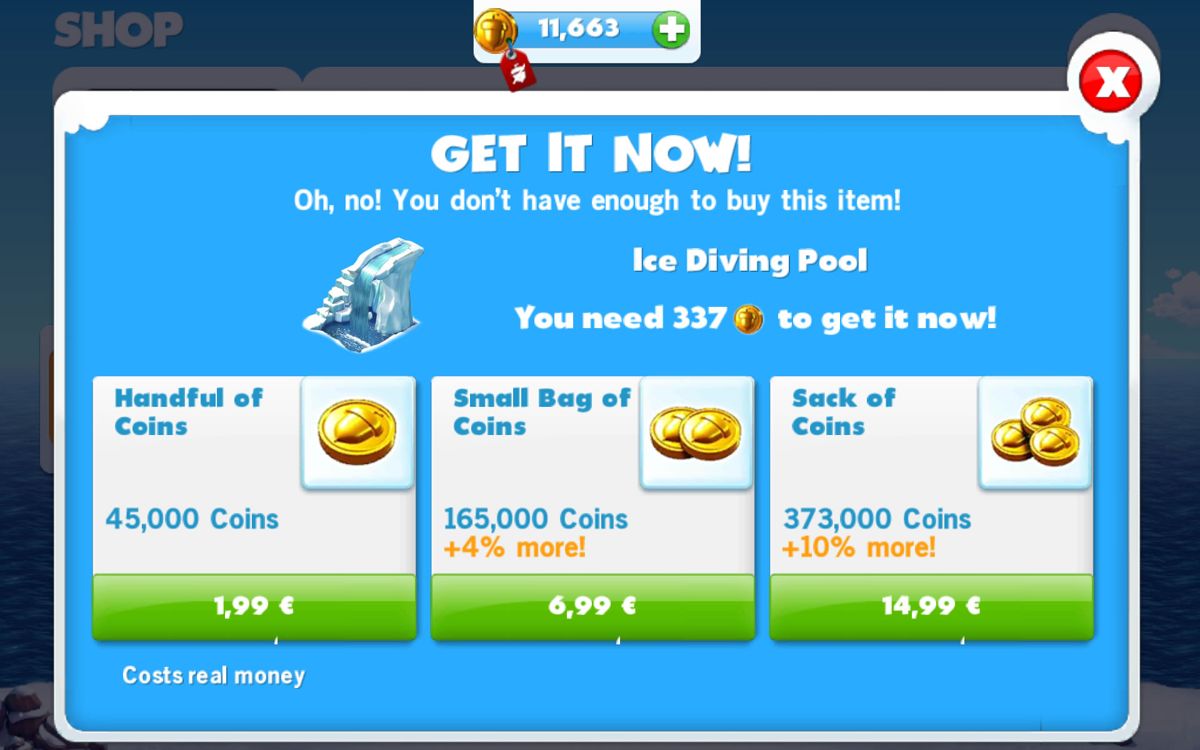 Ice Age: Village (Android) screenshot: Out of coins: wait to generate more or buy them right away.