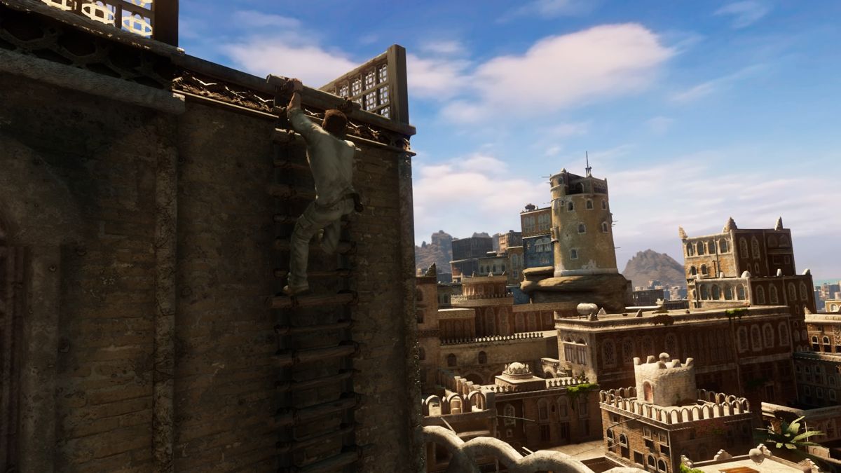 Uncharted 3: Drake's Deception (PlayStation 4) screenshot: The tower in the distance is our destination