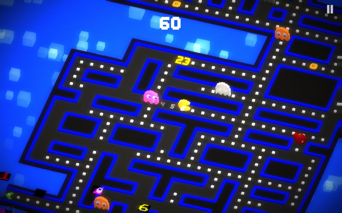 Pac-Man 256 (Android) screenshot: Pink ghosts are tricky because they are faster than Pac-Man in a straight line, but take longer for turns.