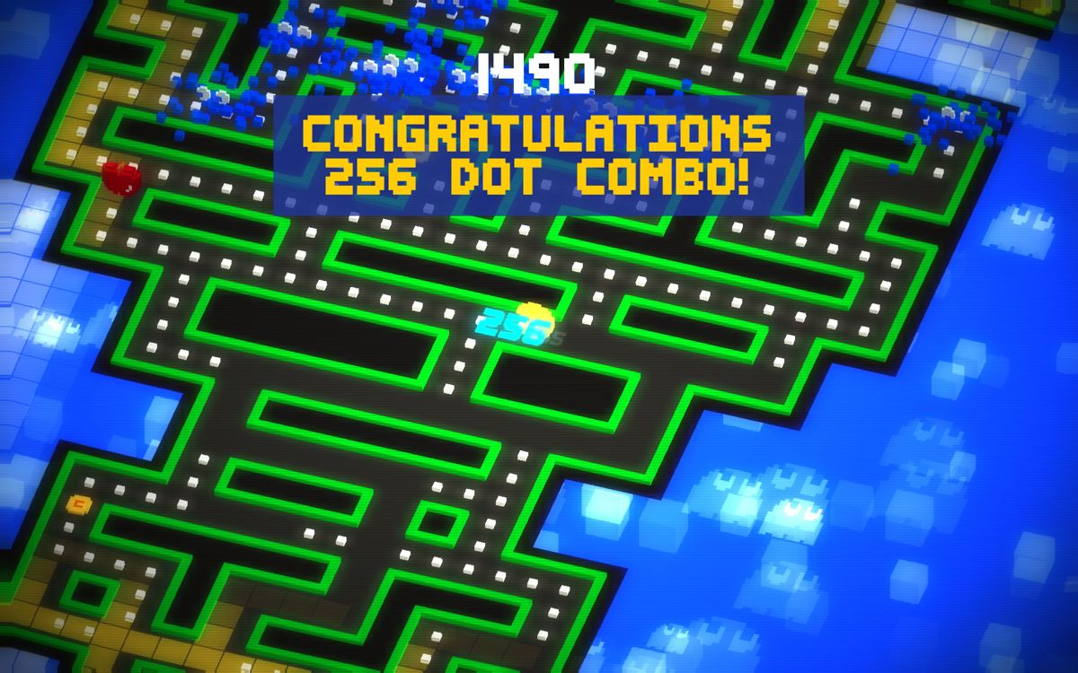 Pac-Man 256 (Android) screenshot: After reaching a 256 combo all ghosts on the screen are killed immediately.