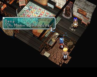 Star Ocean: The Second Story (PlayStation) screenshot: In the village. Rena's embarrassed by her mum.<br>The game uses this sweat icon to show emotion, ...'s to show someone's thinking, a '!' to express surprise and a '?' when a question is coming