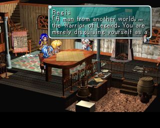 Star Ocean: The Second Story (PlayStation) screenshot: After a lot of walking about and talking the plot begins to unfold. The mayor explains that everyone thinks that the player is a warrior foretold by legend