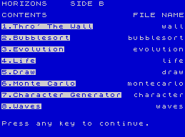 Horizons: Software Starter Pack (ZX Spectrum) screenshot: Horizons Side B contents (Thro' The Wall)