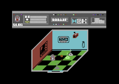 The Fifth Quadrant (Commodore 64) screenshot: Slog has just fired a bouncing ball at a robot enemy