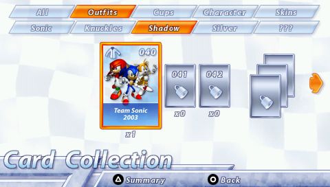 Sonic Rivals (PSP) screenshot: Card collection screen