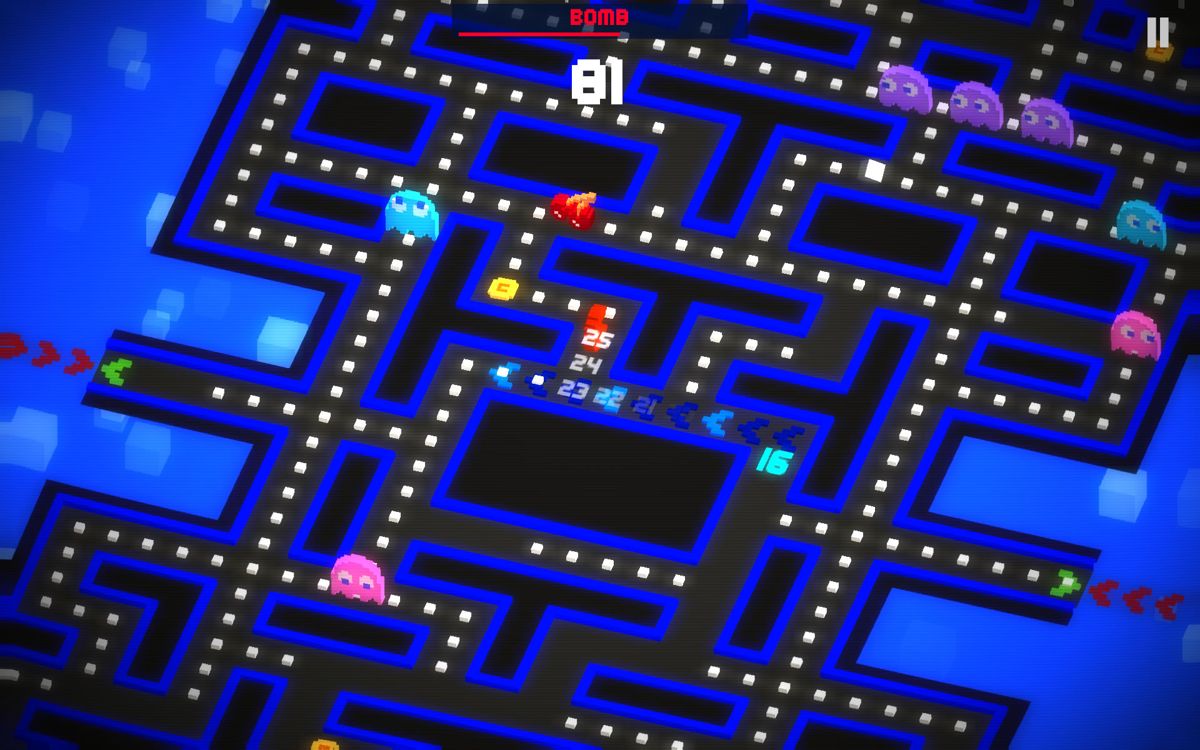 Pac-Man 256 (Android) screenshot: Preparing to detonate the cherry bomb.