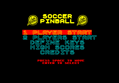 Soccer Pinball (Amstrad CPC) screenshot: Main menu