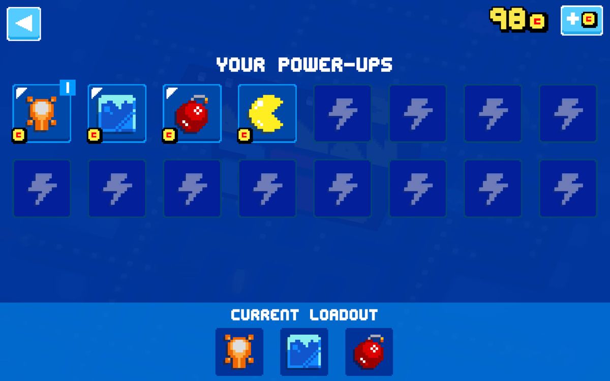 Pac-Man 256 (Android) screenshot: The power-ups unlocked so far.