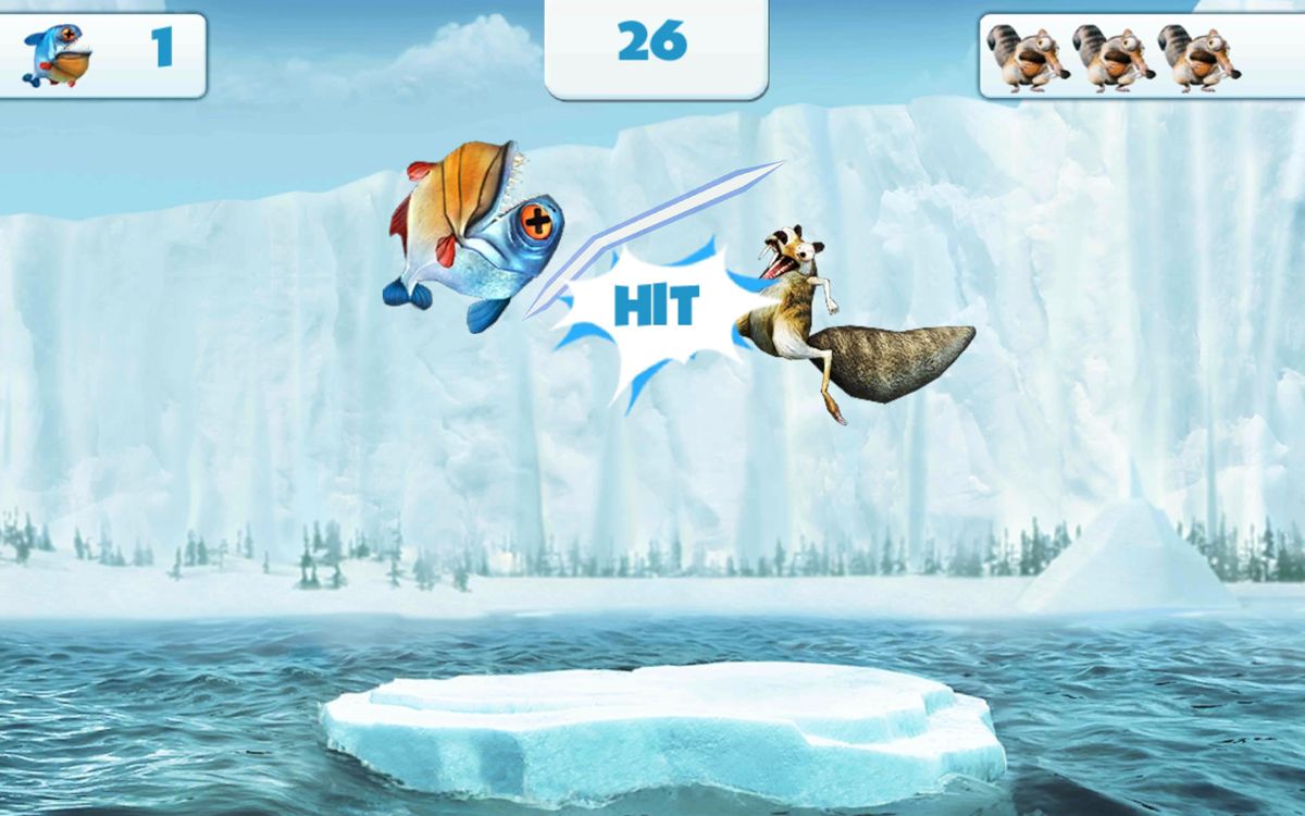 Ice Age: Village (Android) screenshot: The scrat mini-game where you defeat the fish with swipes.