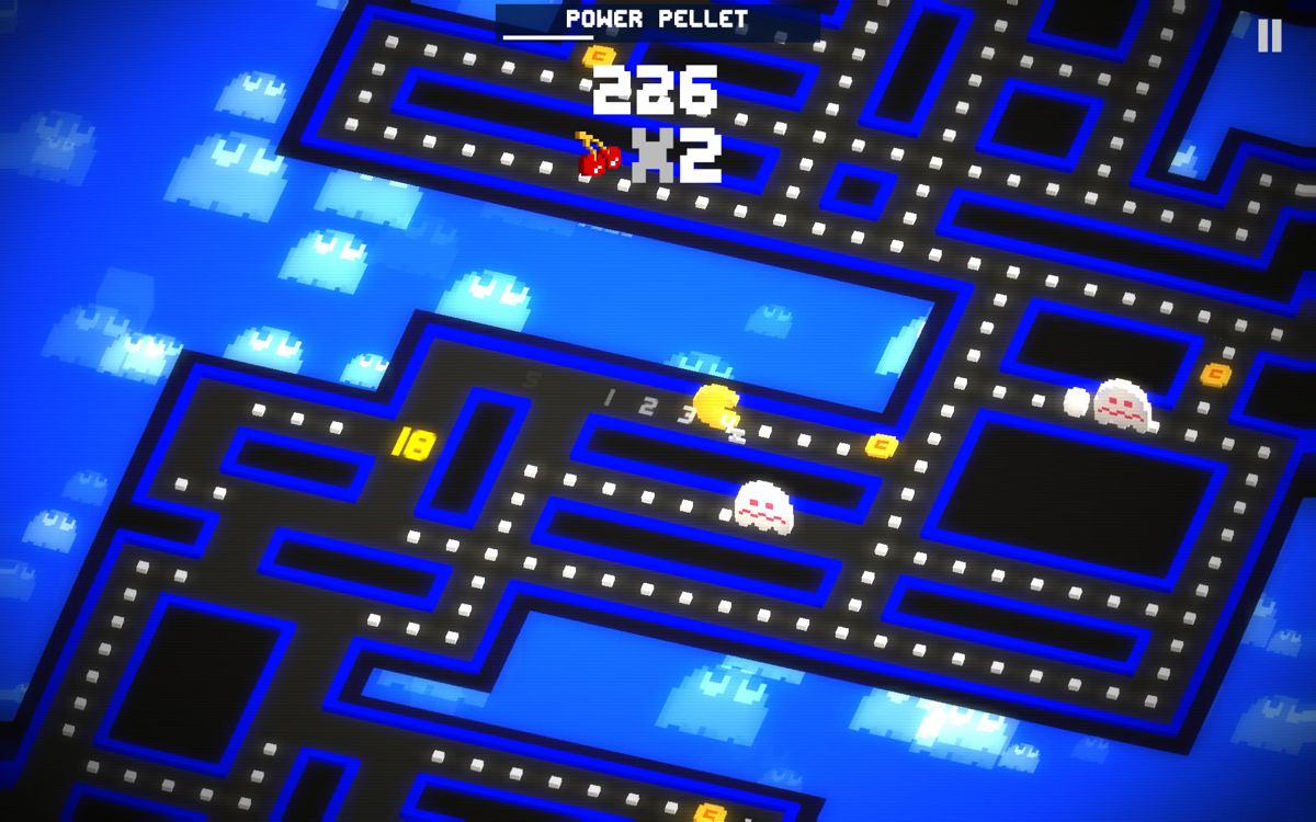 Pac-Man 256 (Android) screenshot: The ghosts are about to turn normal again.