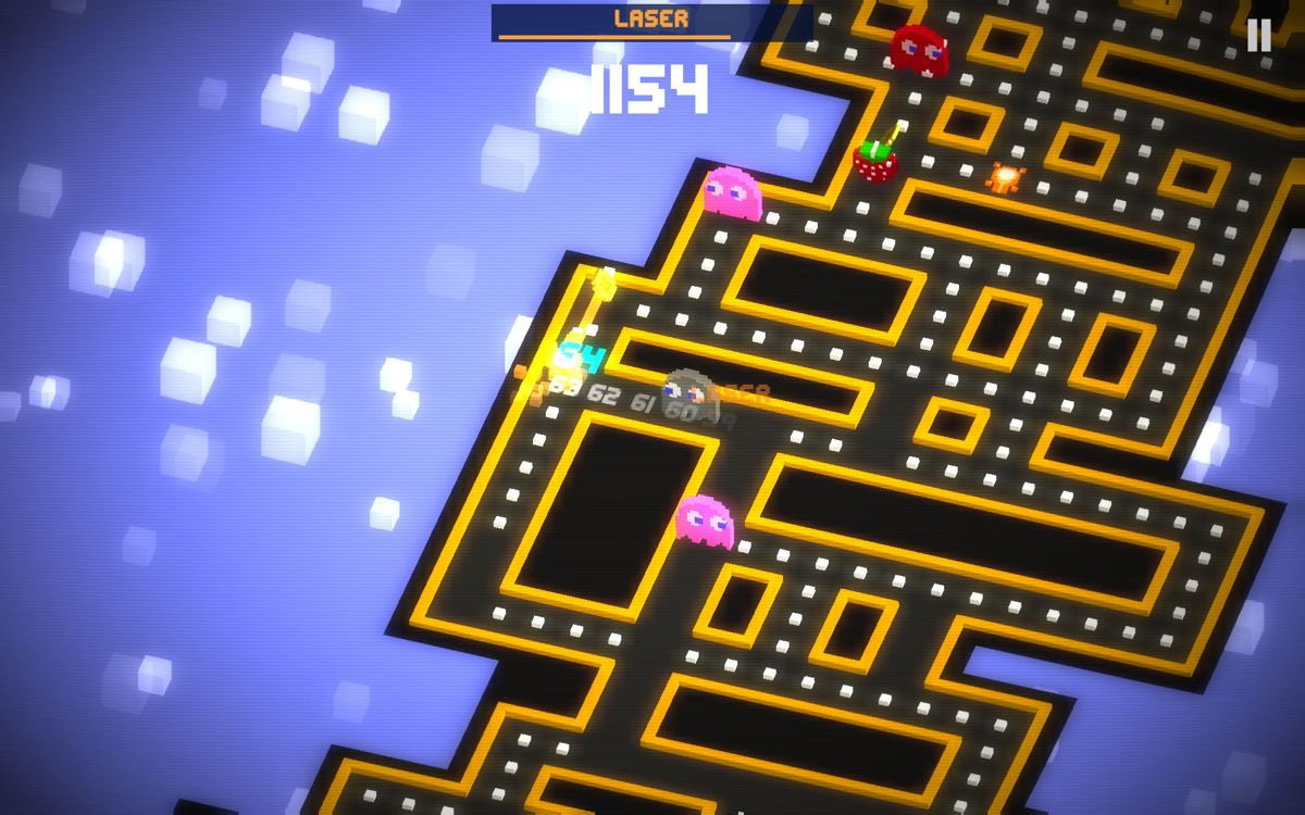 Pac-Man 256 (Android) screenshot: Almost cornered, but shooting a laser.