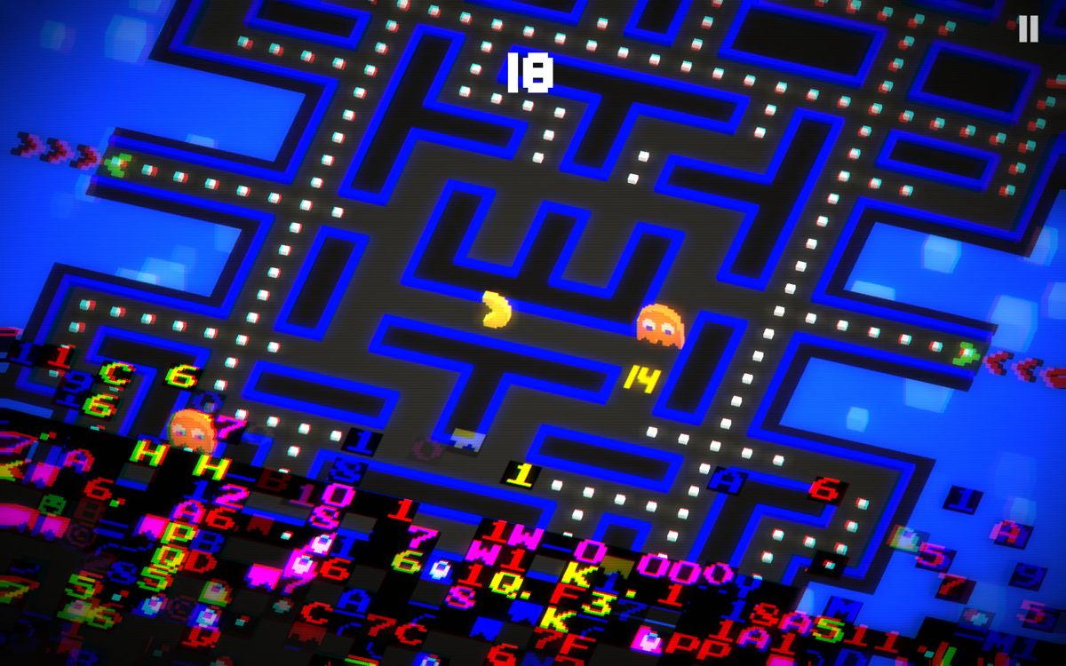 Pac-Man 256 (Android) screenshot: The glitch is catching up with Pac-Man.