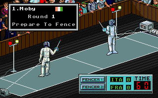 Summer Challenge (Amiga) screenshot: Prepare to fence in round 1