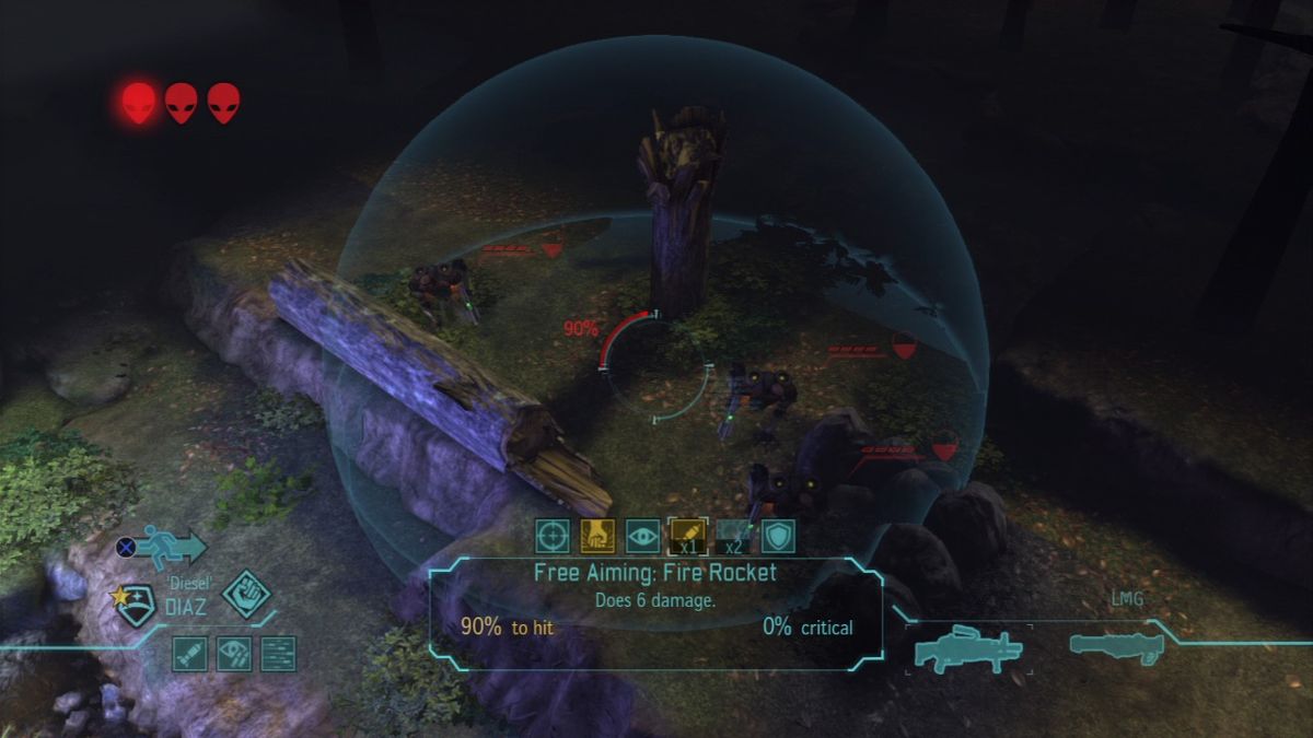 XCOM: Enemy Unknown (PlayStation 3) screenshot: Rocket launcher damage radius will damage or kill all three aliens