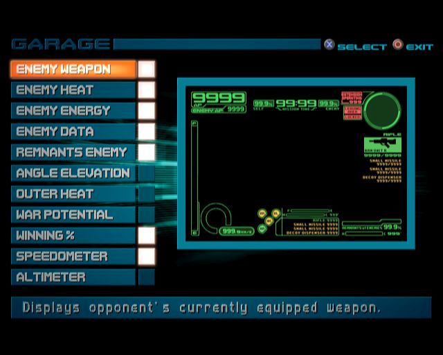 Armored Core 2: Another Age (PlayStation 2) screenshot: The machines are customisable with many many options. The game is customisable too, here the player can select what HUD information they want and the colour of the display