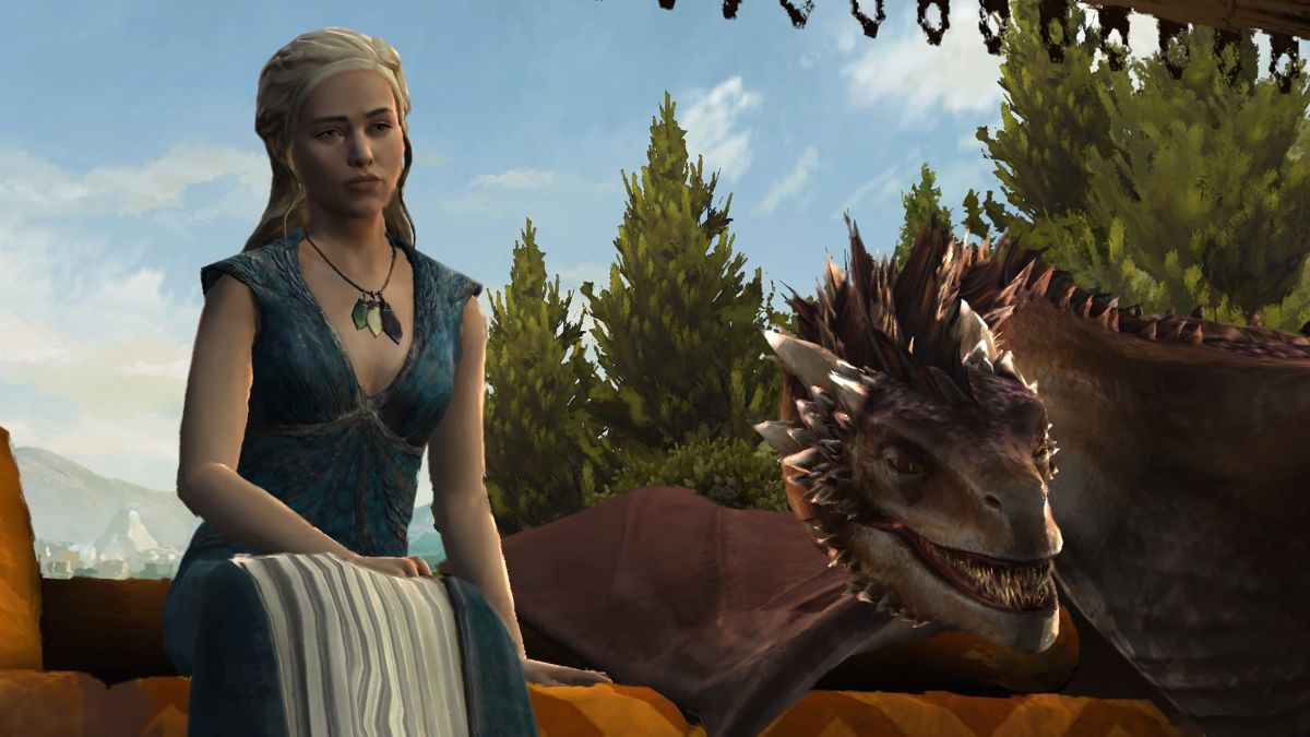 Game of Thrones: Episode Four of Six - Sons of Winter (PlayStation 4) screenshot: Daenerys Targaryen with one of her dragons