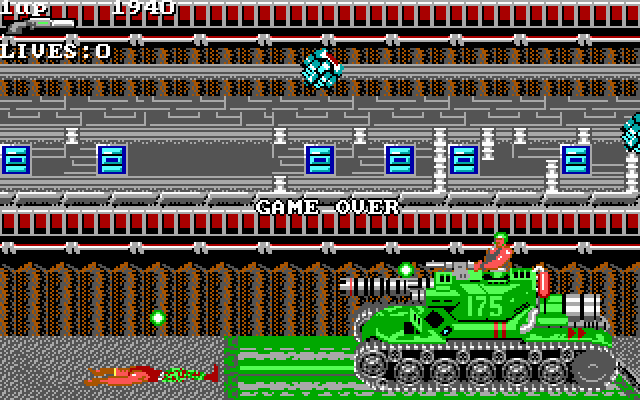 Super Contra (DOS) screenshot: Didn't do to well against the tank (EGA)