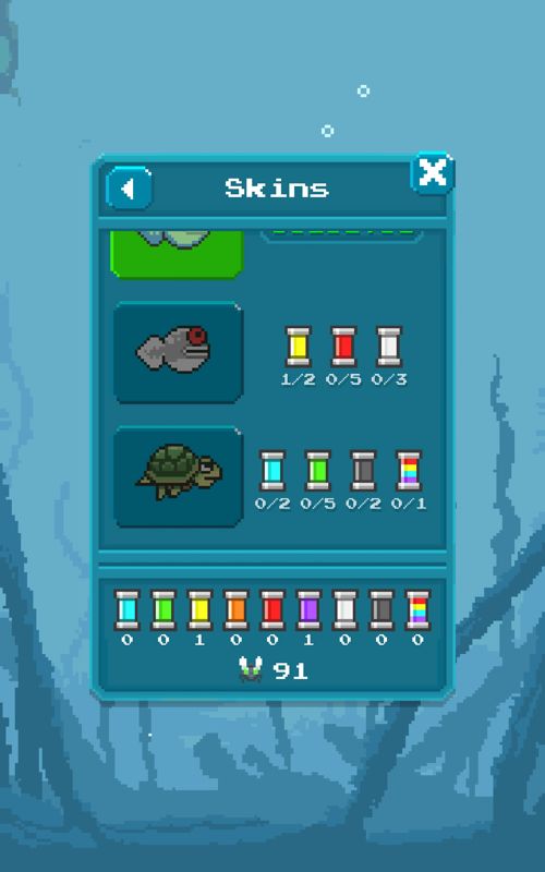 Tadpole Tap (Android) screenshot: You need specific DNA samples to unlock new skins.