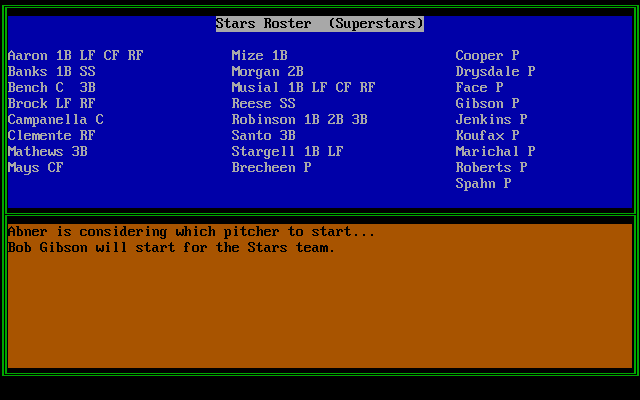 Radio Baseball (DOS) screenshot: Choosing starting players and positions