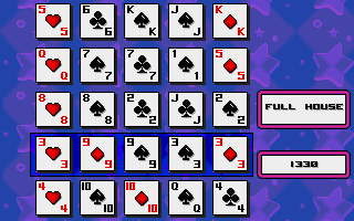 Poker Square (Atari ST) screenshot: After placing all cards, each row, column and diagonals are added up naming the best hand there