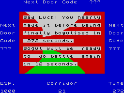 Corridors of Genon (ZX Spectrum) screenshot: One close encounter with the funny guy, and puzzow... doomed. (buu)
