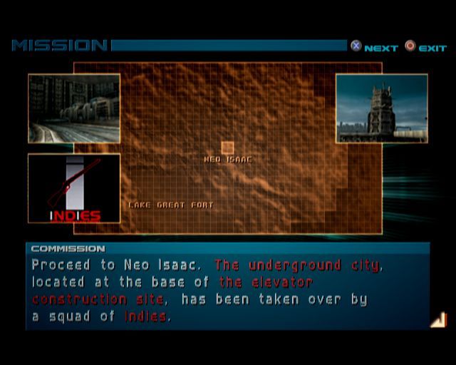 Armored Core 2: Another Age (PlayStation 2) screenshot: The of the briefing screens of the first mission<br>All missions begin with a briefing. When the first mission is completed other areas are unlocked