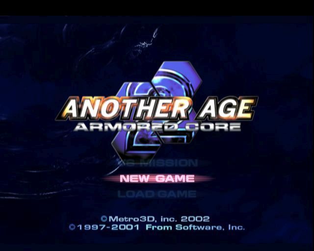 Armored Core 2: Another Age (PlayStation 2) screenshot: The main menu screen uses the same artwork as the title screen. The options here are New Game, Load Game, Vs Mission and Split Screen VS,