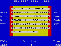 Corridors of Genon (ZX Spectrum) screenshot: End of game, well, not quite. (I could translate it to Galician if you'd like to...)