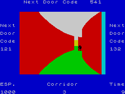 Corridors of Genon (ZX Spectrum) screenshot: Hey mate! Do you happen to know where I can have a good spice here? (run, run for you life, it's Bogul himself! Let the spice go... Ruuun!) (Dune theme)