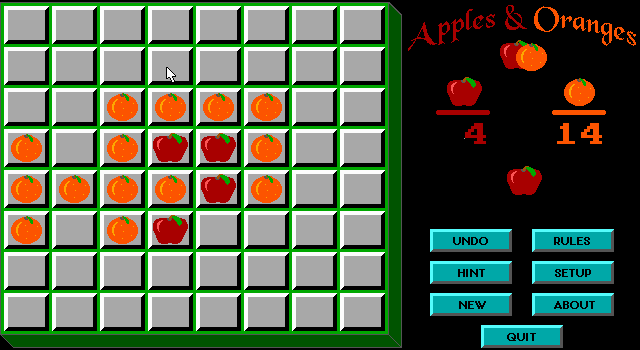 Apples & Oranges (DOS) screenshot: I'm the apples, and I'm losing!