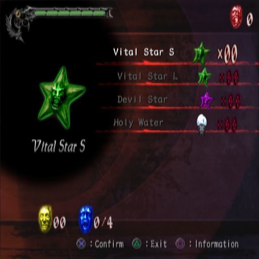 Devil May Cry 3: Dante's Awakening (PlayStation 2) screenshot: The Item screen<br>These items can restore health etc and are collected from the fallen. Some are collected automatically while the player must walk into/over others
