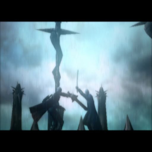 Devil May Cry 3: Dante's Awakening (PlayStation 2) screenshot: The game begins with a cinematic introduction showing the two brothers of Sparda fighting. It's accompanied by a voice-over that sets out part of the story.