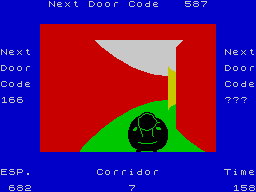 Corridors of Genon (ZX Spectrum) screenshot: (honking sound) (gotzi yu!!!) (man, I know a good plastic surgeon...)