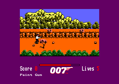 James Bond 007 in The Living Daylights: The Computer Game (Amstrad CPC) screenshot: Jump over the obstacles on the road