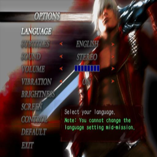 Devil May Cry 3: Dante's Awakening (PlayStation 2) screenshot: This Options screen is available from the main menu