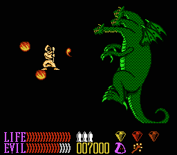 Wizards & Warriors III: Kuros - Visions of Power (NES) screenshot: Fighting a multi-headed dragon as a wizard