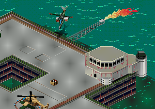 Urban Strike (Genesis) screenshot: Clearing out an off-shore oil rig