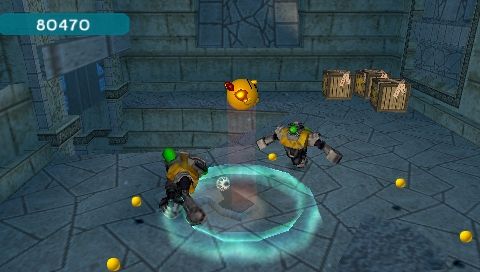 Pac-Man World 3 (PSP) screenshot: Battle in ball style – hitting the ground from a jump will damage enemies.