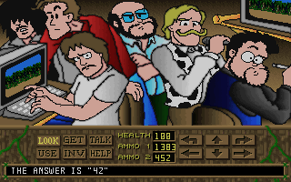 Isle of the Dead (DOS) screenshot: Authors of the game hidden inside one house.