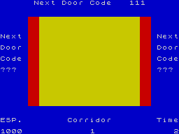 Corridors of Genon (ZX Spectrum) screenshot: This is not a door. It's an opened entrance on a red wall that leads to another wall in yellow.