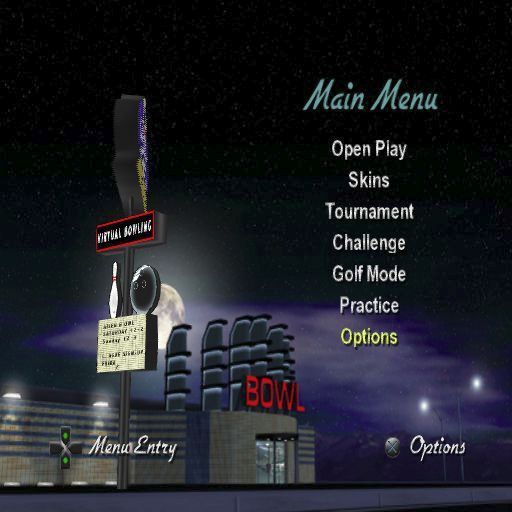 Strike Force Bowling (PlayStation 2) screenshot: The game's main menu<br>The sign atop the bowling alley rotates and unusually the option the currently selected menu option is repeated in the bottom right corner