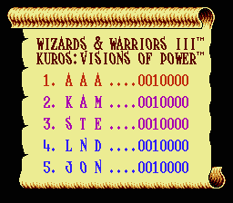 Wizards & Warriors III: Kuros - Visions of Power (NES) screenshot: The high score screen