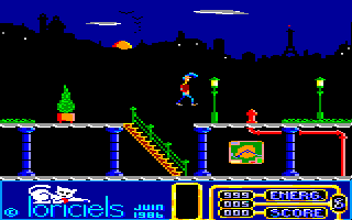 Billy la Banlieue (Amstrad CPC) screenshot: Jumping Billy...See the Eiffel Tower in the distance?..