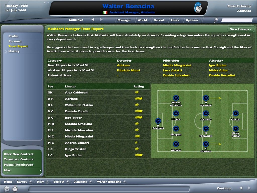Worldwide Soccer Manager 2006 (Windows) screenshot: The Assistant Manager makes his feelings known.