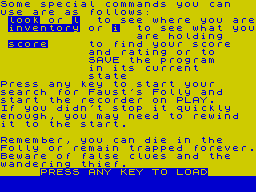 Faust's Folly (ZX Spectrum) screenshot: Faust's Folly story last introductory page and play the tape again for the game.
