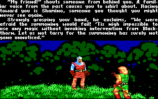 Ultima V: Warriors of Destiny (DOS) screenshot: Shamino meets you when you arrive in Britannia.