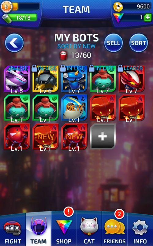 Big Hero 6: Bot Fight (Android) screenshot: Overview of my bots. You can buy additional slots to store more or sell some.